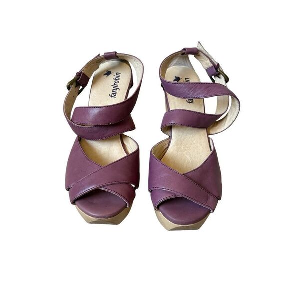 Farylrobin Anthropologie Chunky Wooden Heel Sandals size 9 Purple Leather - Picture 2 of 12